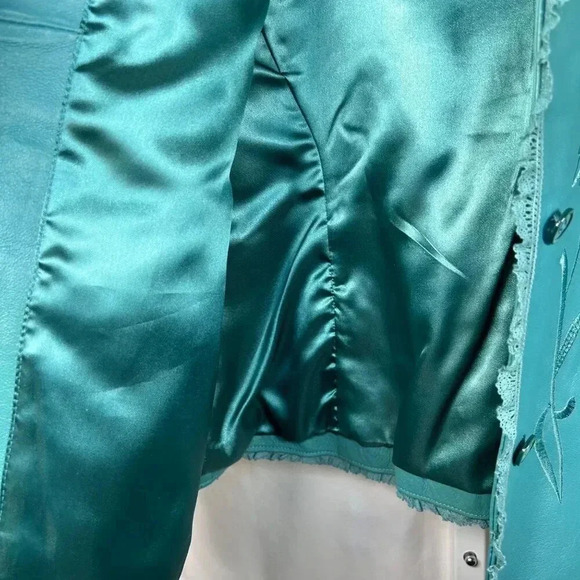Vintage Terry Lewis Size Large Leather Coat Embroidered Eyelet Ruffle Teal - Picture 14 of 16